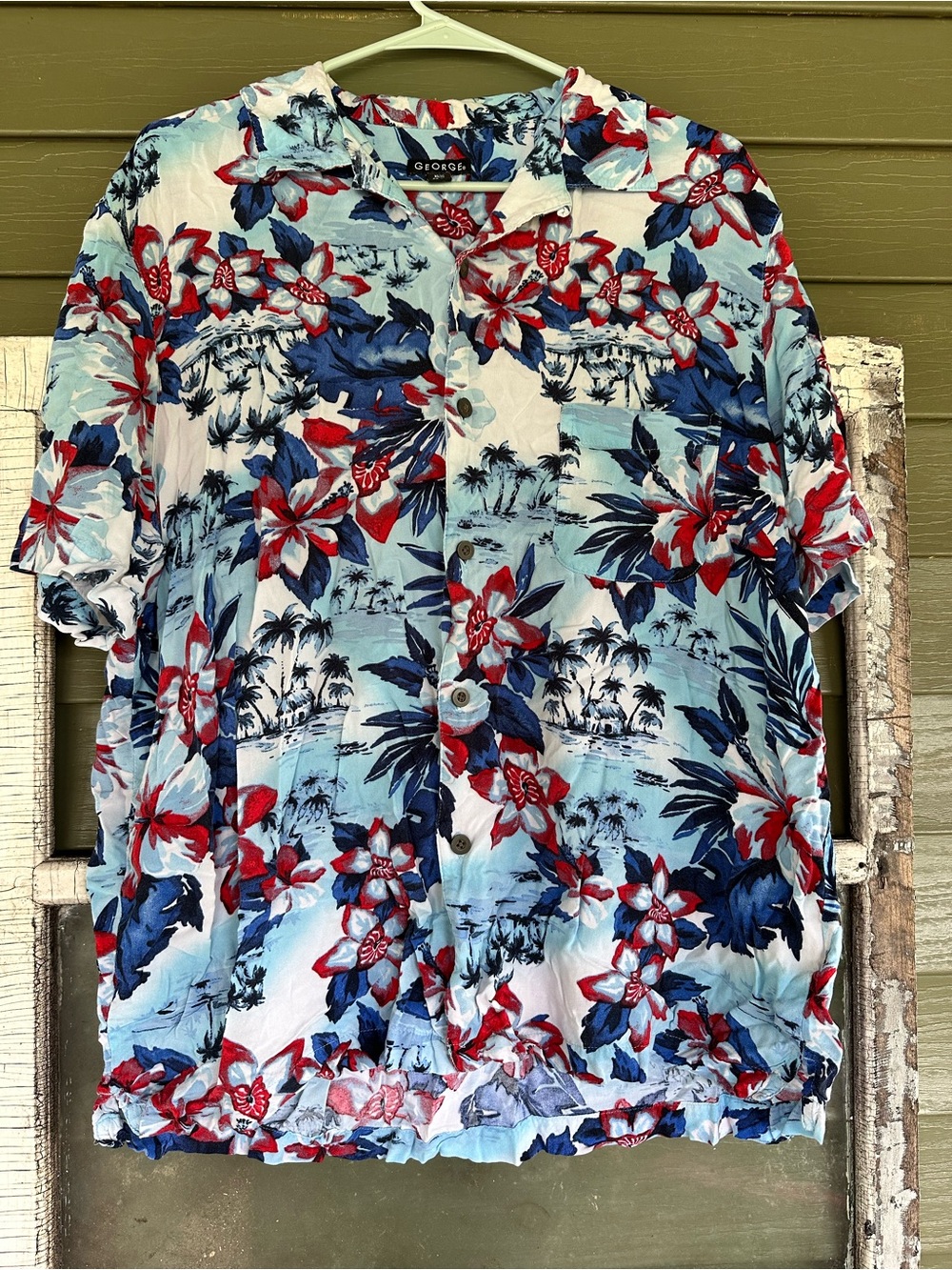 George Men’s Light Blue Floral Hawaiian Button-Up Shirt with Red Accents